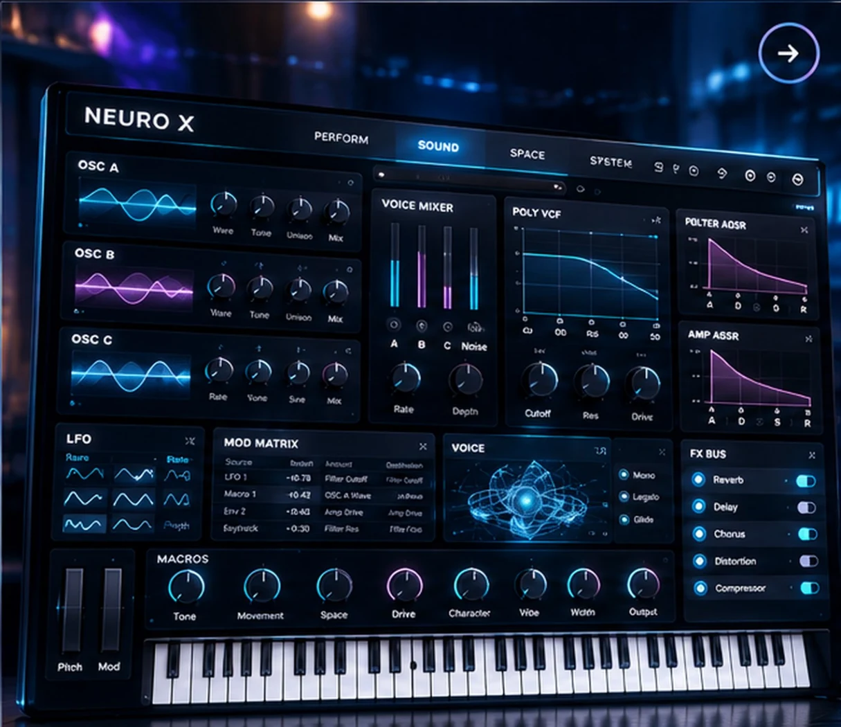 Uploaded original Neuro X homepage image, showing the synth UI and its controls